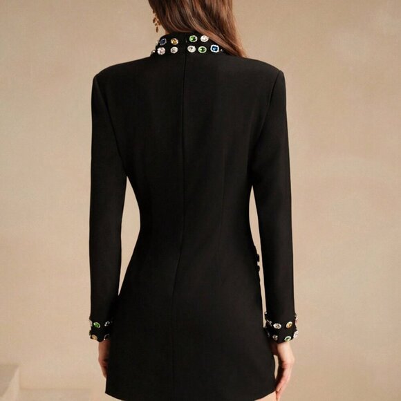 Black Elegant Women's Rhinestone Embellished Long Sleeve Short Dress - Picture 6 of 7